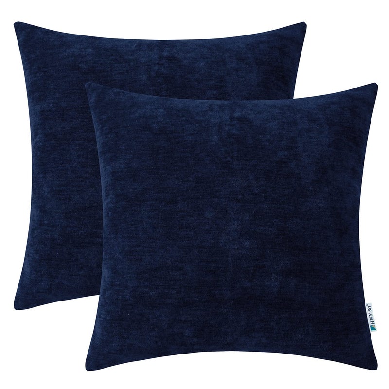 HWY 50 Navy Blue Throw Pillow Covers 20x20 Inch for Couch Sofa Living Room, Chenille Soft Comfy Solid Decorative Square Throw Pillows Case Set Cushion Cover Pack of 2 - Image 1